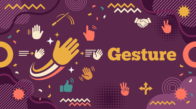 Gesture concept banner with diverse hand signs including wave, thumbs up, pointing and clapping on purple background