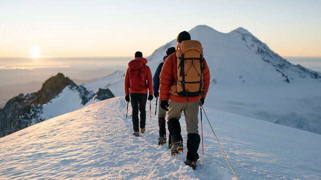 Mountain guide ropes up with a couple on a snow packed trail at altitude during a winter solstice sunrise expedition, technical crampons and ice axes visible as the pair look
