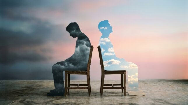 Mental health and bipolar disorder concept: duality of emotions, sadness versus happiness, contrast of optimism and pessimism in human psychology, therapy and counseling mindset, depression