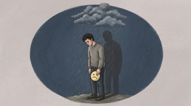 Depression and mental health concept: sad man standing in rain with mask, hidden feelings, loneliness, anxiety, melancholy, despair, psychology, emotional struggle, grief, stress, sorrow, unhappiness