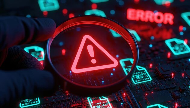 Magnifying glass inspecting a glowing red warning sign on a digital circuit board
