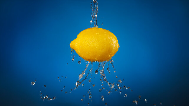 One lemon with a splash on a blue background