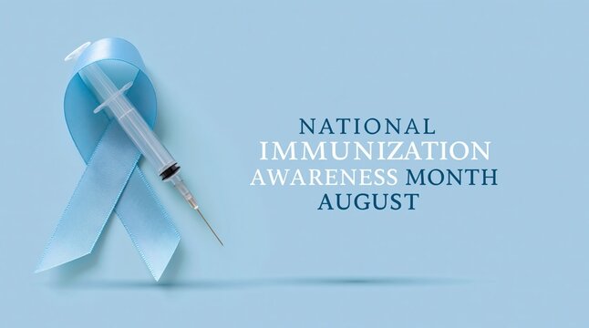 Immunization awareness month concept with medical syringe and blue ribbon vaccine