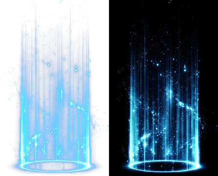 Abstract Blue Magic Portal Cylinder with Light Beams on Black and Transparent Background