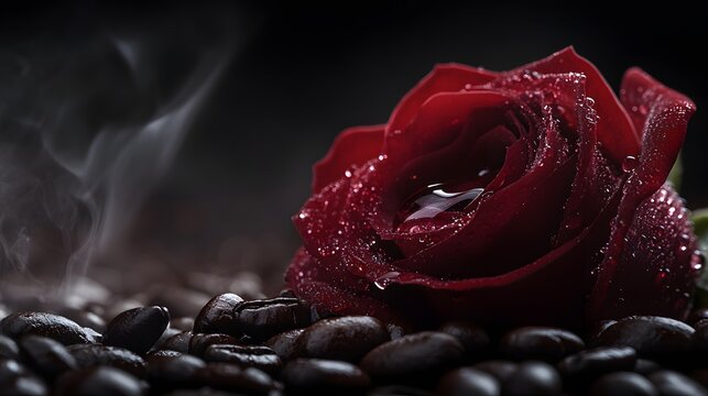 A beautiful red rose with water drops on dark roasted coffee beans with rising hot steam for luxury coffee marketing or premium perfume cosmetic advertising banner templates