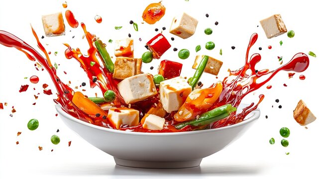 Cubes of firm food and vegetables splash dramatically with thick red sauce above a white ceramic bowl