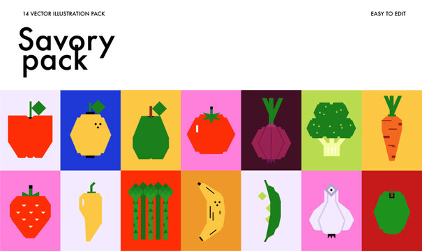 14 Colorful Fruit and Vegetable Icons &ndash; Editable Geometric Vector Pack
