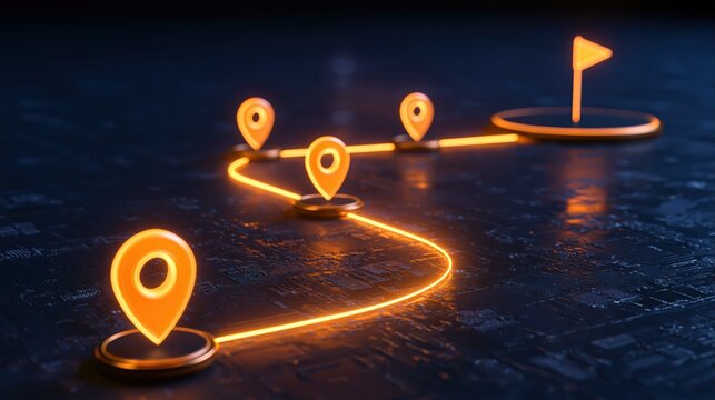 Path of glowing navigation pins showing a journey to a final map destination goal