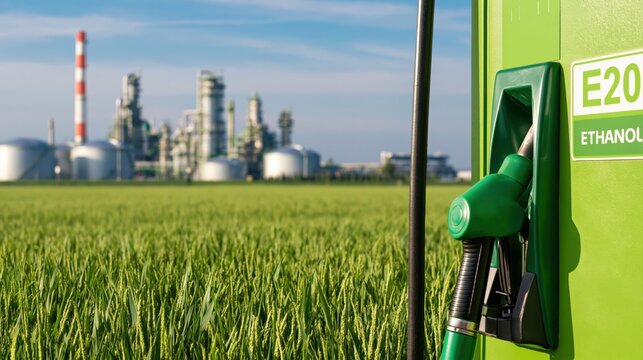E20 ethanol fuel pump nozzle at a refinery with green fields for biofuel energy