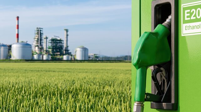 E20 biofuel nozzle with green ethanol energy at a sustainable refinery and farm