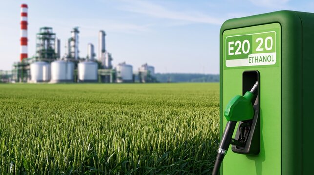 E20 ethanol fuel pump in a green field with a sustainable biofuel refinery plant