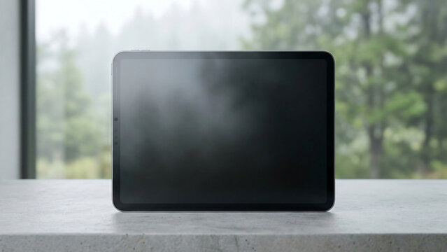 Blank digital tablet mockup with forest view