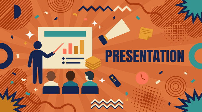 Presentation concept banner with speaker pointing at bar chart board and seated audience on orange background
