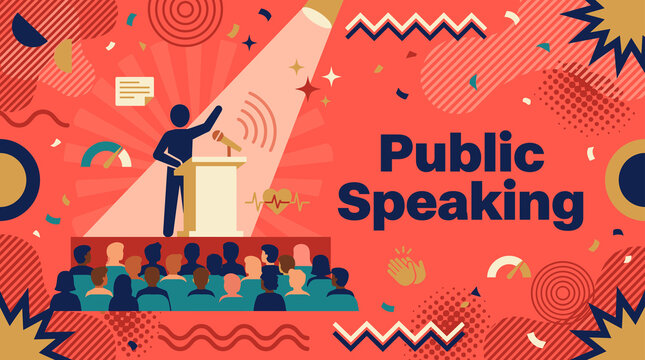Public speaking concept banner with speaker at podium under spotlight on coral background