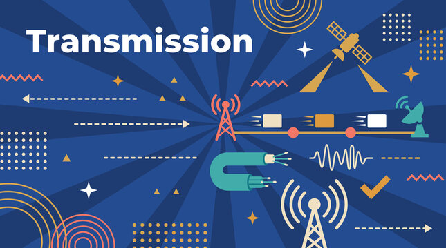Transmission concept banner with radio towers, satellite, fiber optic cable  and wave signals on blue background
