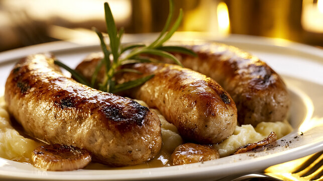 Grilled pork sausages on a bed of mashed potatoes, served with gravy and fresh rosemary, creating a savory and comforting dinner