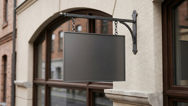 Rectangular black store sign mockup hanging on wall