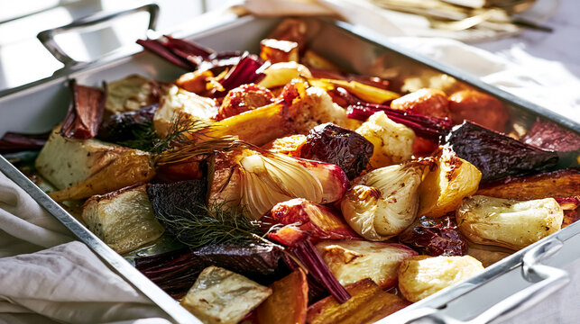 Roasted root vegetables including beetroot, parsnip, potato, and onion, creating a warm, healthy, and comforting vegan meal