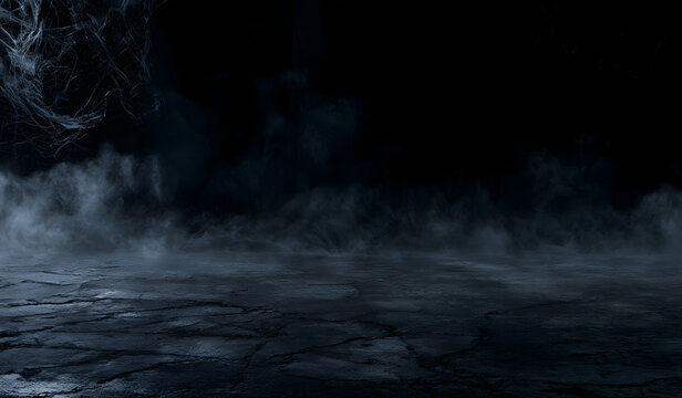 A background featuring emptiness, a dark void, concrete textures, hints of smoke, and cobwebs. This setting is perfect for Halloween
