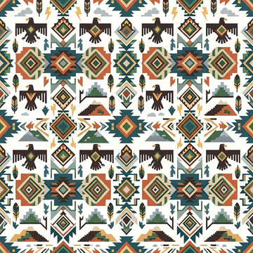Ethnic Geometric Seamless Pattern with Thunderbird Icons
