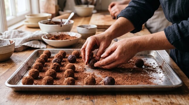 Hands rolling chocolate truffles in cocoa powder on a baking sheet in a rustic kitchen setting