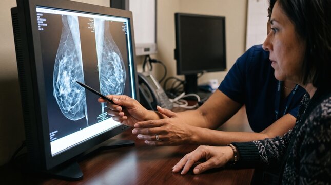 Doctor and patient reviewing mammogram results on computer screen in medical office