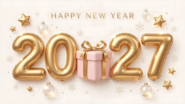 New Year 2027 celebration featuring Large numbers &ldquo;2027&rdquo; in gold foil balloons adorned with pink gift box, clear Christmas balls, stars and snowflakes with letters "HAPPY NEW YEAR" on light background