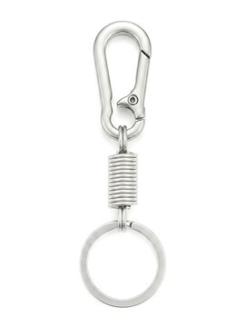 Silver metal spring-loaded carabiner keychain isolated on white background