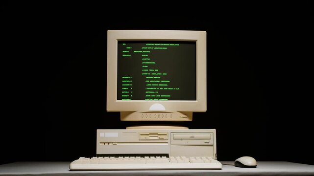 Retro vintage crt monitor computer screen with green code lines