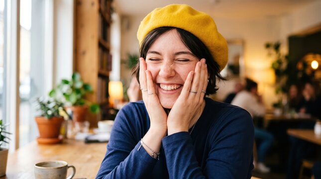 Young woman wearing yellow beret laughing and touching face in cozy cafe by window, casual indoor portrait with coffee mug and natural daylight