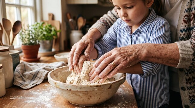 Grandmother and granddaughter baking together in a cozy kitchen, hands kneading dough in a bowl