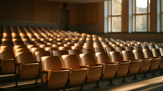 A serene view of empty auditorium seating bathed in warm, golden light.