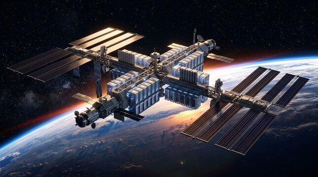 Wide 3D Render of a Modular Orbital Station With Silvery Truss Solar Wings and Cylindrical Pressure Modules With Glowing Lattice Windows Above Earth's Rim Lit Limb Technology