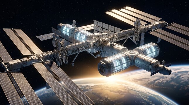 Wide 3D Render of a Modular Orbital Station With Silvery Truss Solar Wings and Cylindrical Pressure Modules With Glowing Lattice Windows Above Earth's Rim Lit Limb Technology