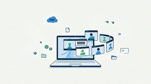Laptop displaying video conference icons and digital data flow