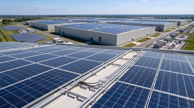 Low Drone View From a Rooftop Plane With Blue Polycrystalline Panels and Aluminium Rails Filling the Lower Frame and a Multi Hall Solar Campus Receding Behind Technology