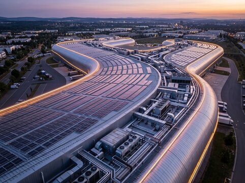 Elevated View of an S Curving Factory Roof With a Wide Solar Field Covering the Left Half Visible HVAC Plant in the Center Trough and Blank White Trucks at the Docks Industry