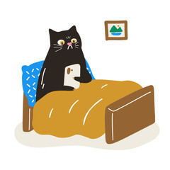 Funny black cat illustration in bed surprised by mobile phone