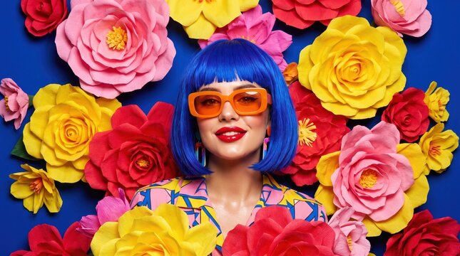 Woman with blue wig and orange sunglasses surrounded by oversized colorful paper flowers on blue backdrop, vibrant pop fashion portrait emphasizing bold makeup and playful floral composition