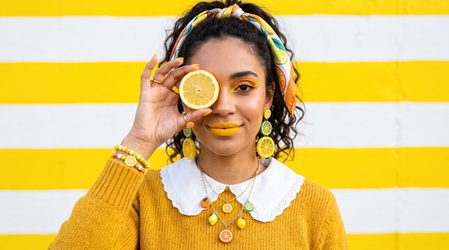 Young woman holding lemon slice over one eye against yellow and white striped background, casual lifestyle portrait with citrus accessories, mustard sweater and playful summer inspired styling