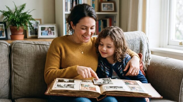 Mother and daughter looking at old family photos in an album on a couch