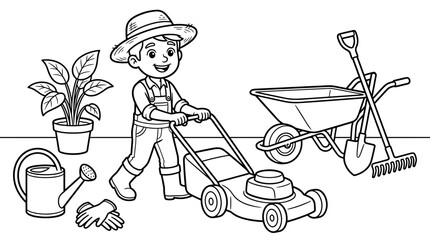 Cartoon farmer character with straw hat pushing a lawn mower, with watering can, gloves, wheelbarrow, shovel, and rake