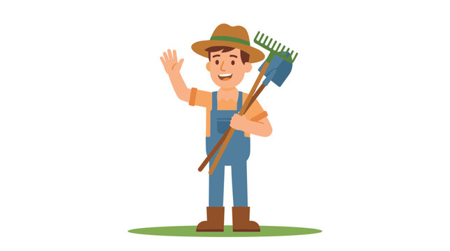 Flat design farmer character in overalls and hat, holding rake and shovel, waving hello on green grass