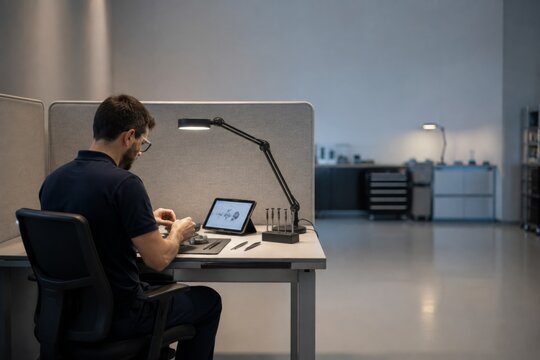 Focused Professional at Sensory Friendly Workstation with Adjustable Lighting
