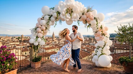 Fototapeta premium Couple dancing beneath large balloon arch on rooftop terrace overlooking city skyline, barefoot woman in floral dress and man embracing in joyful romantic celebration at sunset