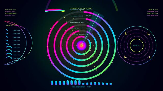 a colorful conversion funnel data visualization appearing on a digital interface screen showcasing moving circles and glowing light patterns in a dark computer display environment