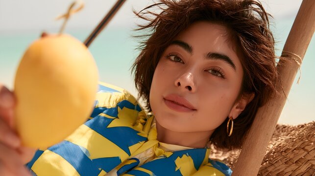 Young woman with short hair relaxes on a wooden beach chair holding a fresh yellow fruit in sunny summer weather