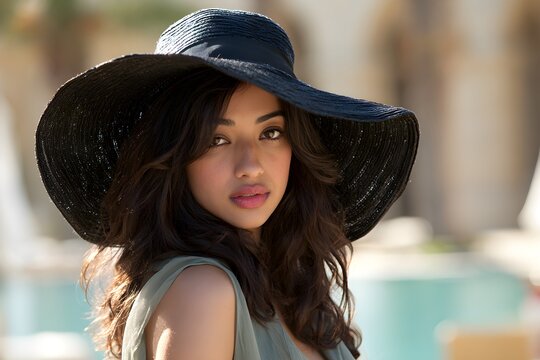 Elegant woman in black sun hat, beautiful young lady wearing wide brim straw hat, portrait of stylish female at luxury resort
