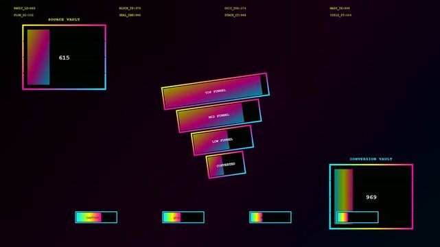A digital conversion funnel display presents evolving metrics in three separate sequential stages utilizing a dark gradient aesthetic with neon borders for analytical data visualization