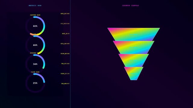 a colorful conversion funnel visualization sequence showing shifting data metrics and progress percentages within a dark digital environment displayed on a computer screen monitor interface
